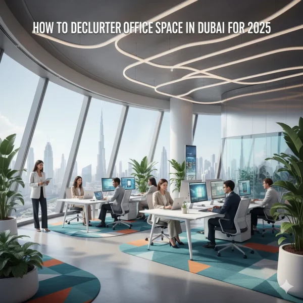 Decluttered office space in Dubai with modern office furniture, ergonomic office workstations UAE, and minimalist modern office design 2025.