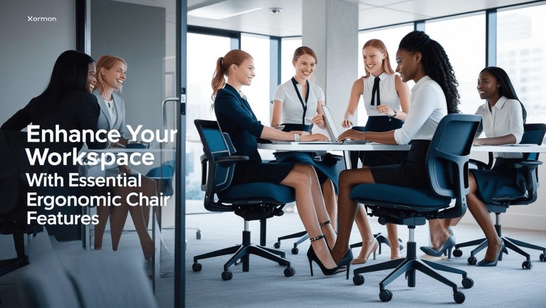 Adjustable lumbar support with a visible ergonomic curve. Breathable mesh backrest in neutral tones (charcoal or sand). Smooth tilt mechanism and 360-degree casters. Sleek aluminum base and armrests for a premium loo