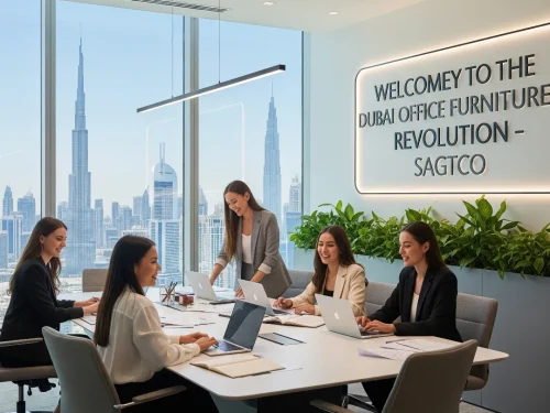 A bright and modern office in Dubai with panoramic skyline views, including the Burj Khalifa. A diverse group of stylish and happy Gen Z women are collaborating around a sleek conference table. The text "Welcome to the Dubai Office Furniture Revolution – SAGTCO" is visible on the wall in the background. The scene conveys a professional, energetic, and collaborative work environment.
