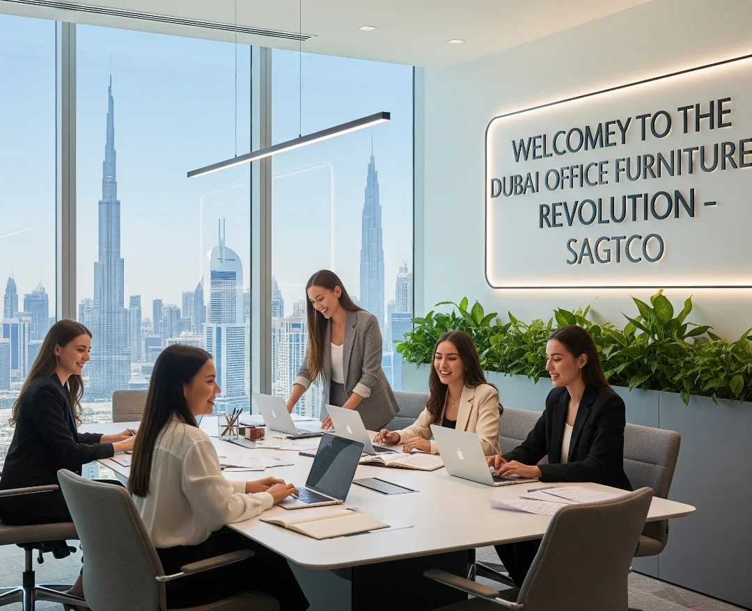 A bright and modern office in Dubai with panoramic skyline views, including the Burj Khalifa. A diverse group of stylish and happy Gen Z women are collaborating around a sleek conference table. The text "Welcome to the Dubai Office Furniture Revolution – SAGTCO" is visible on the wall in the background. The scene conveys a professional, energetic, and collaborative work environment.