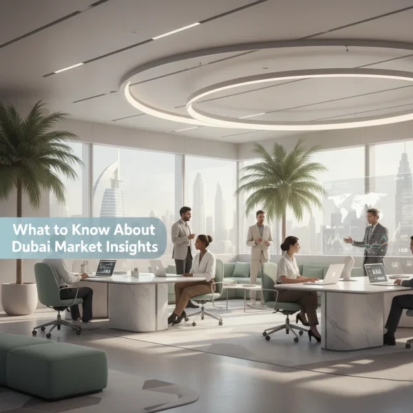 Dubai market insights visual showing trends influencing office furniture Dubai, office workstations UAE, and modern office design